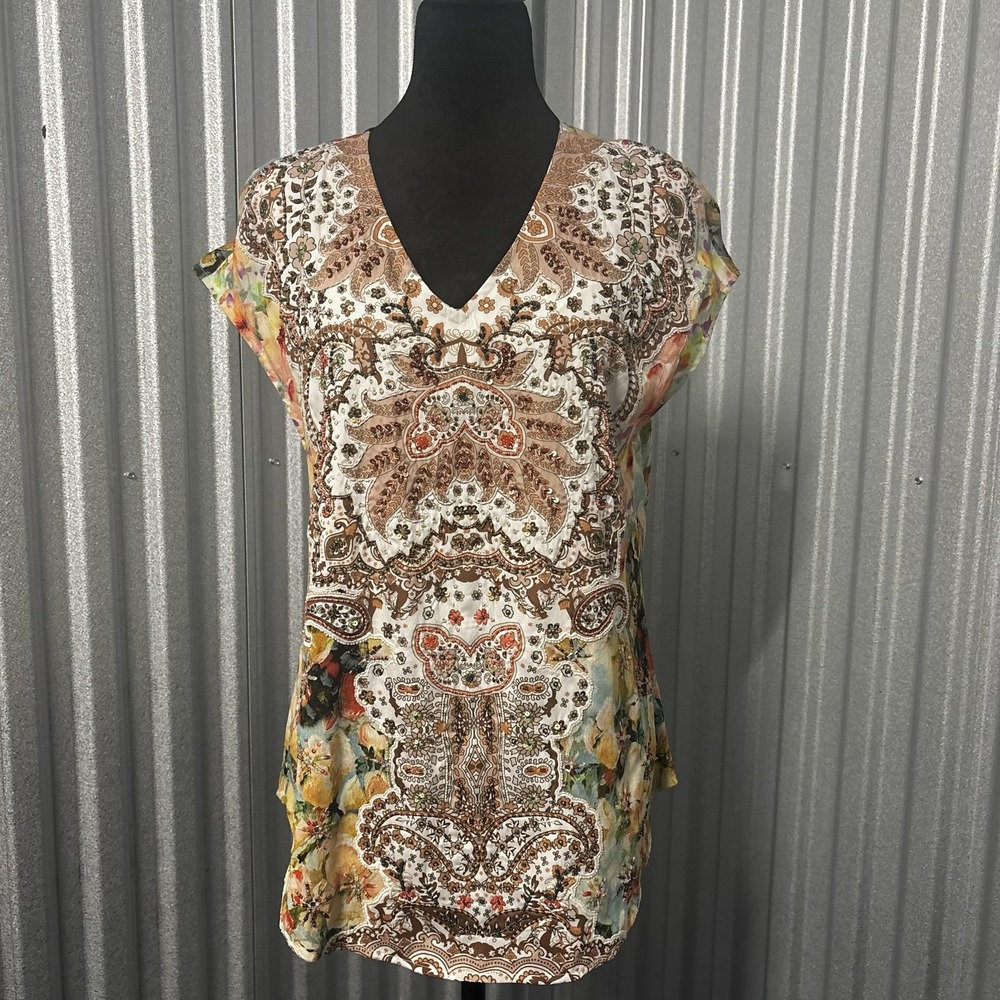 Soft Surroundings‎ Shirt Womens XS Multi Beaded V-Neck Floral Paisley Cap Sleeve